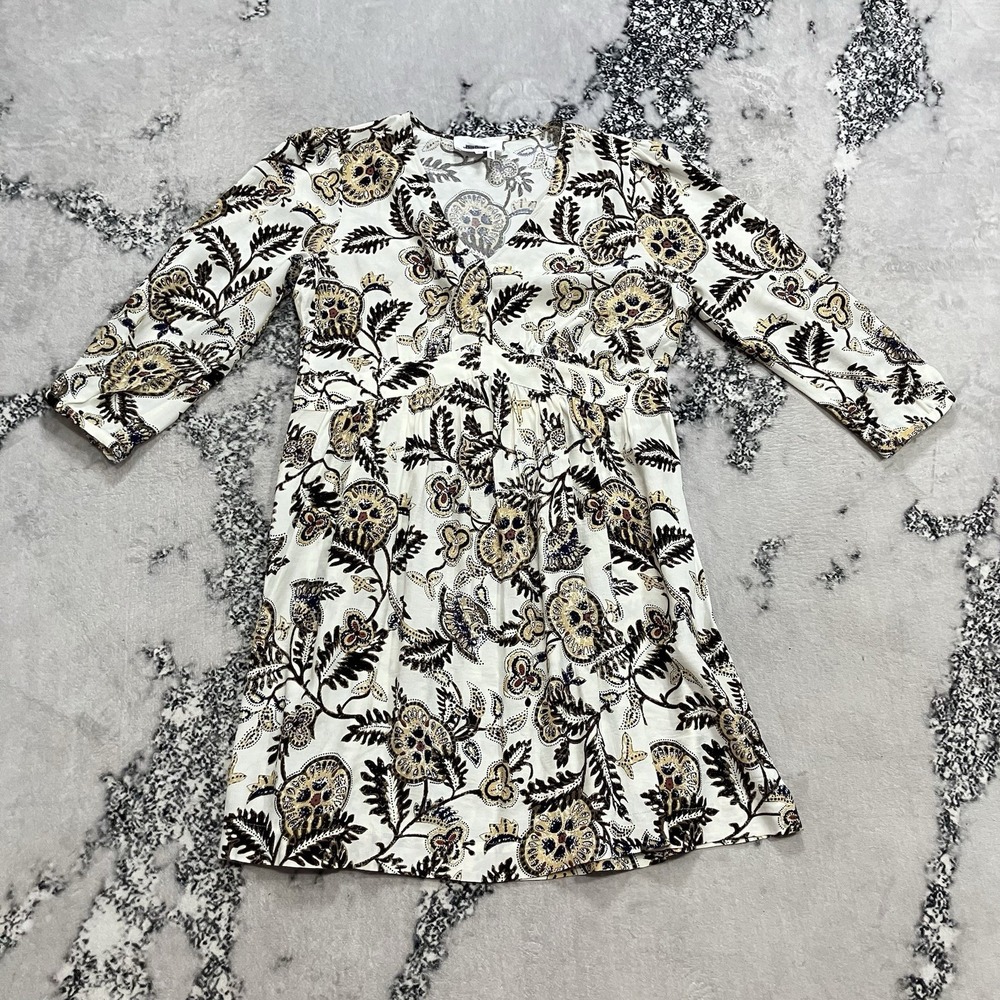 BA &SH Paris Mini Dress Size S Boho Floral V Neck Long Sleeve Ivory Brown